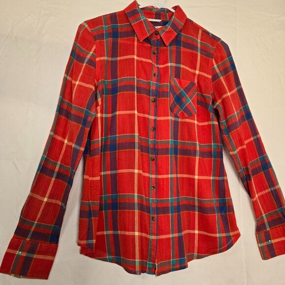Merona Woman's Casual Orange Plaid Long Sleeve Blouse Button up Size S/P - Picture 1 of 9